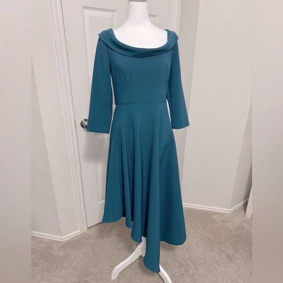 Kay Unger Dresses & Skirts - Kay Unger Asymmetrical 3/4 Sleeve Cocktail Dress Peacock Color Size 6